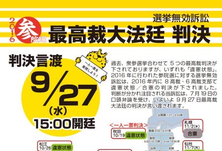 【１人１票裁判・最高裁大法廷判決は平成29年9月27日（水）午後3時に指定されました】 ＞＞＞　裁判トピックスを更新しました